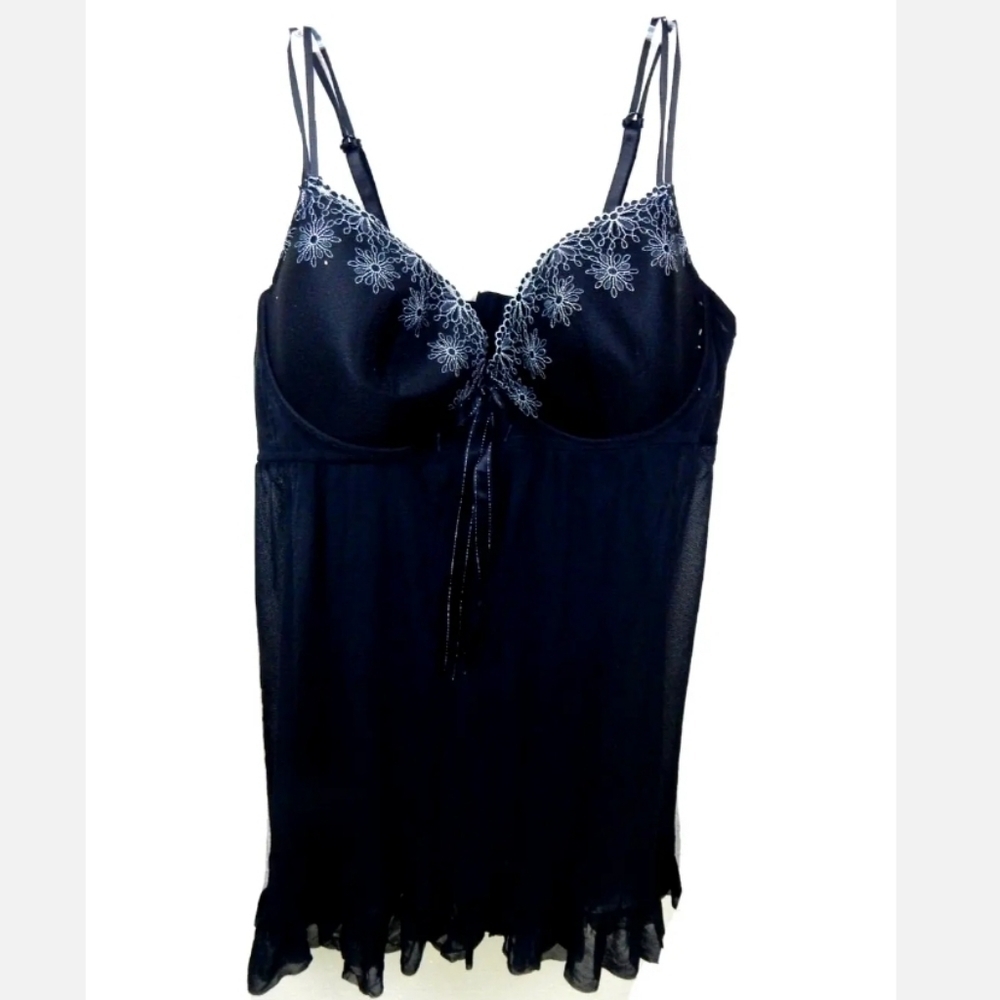 Cacique Lane Bryant Black Mesh‎ Embroidered Chemise